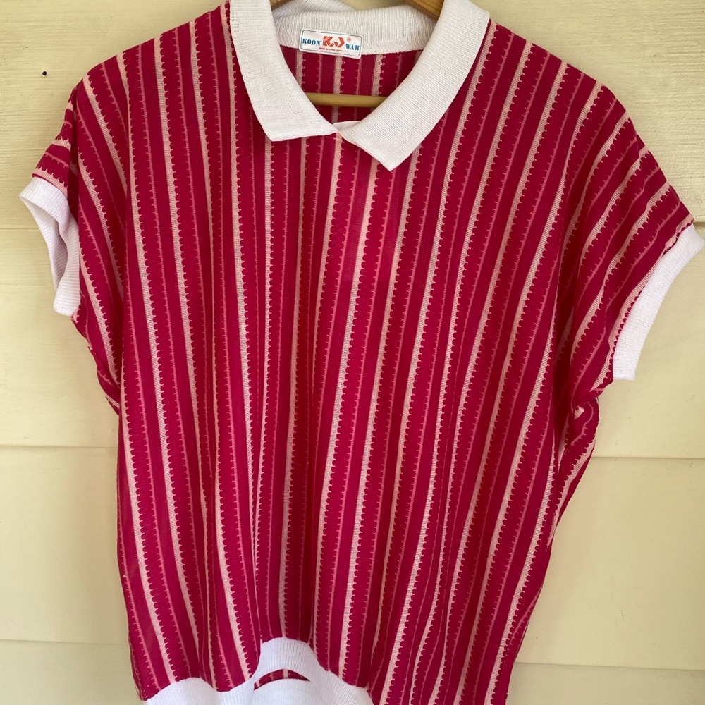 Vintage 80s striped pink sport polo peter pan collar size s/m